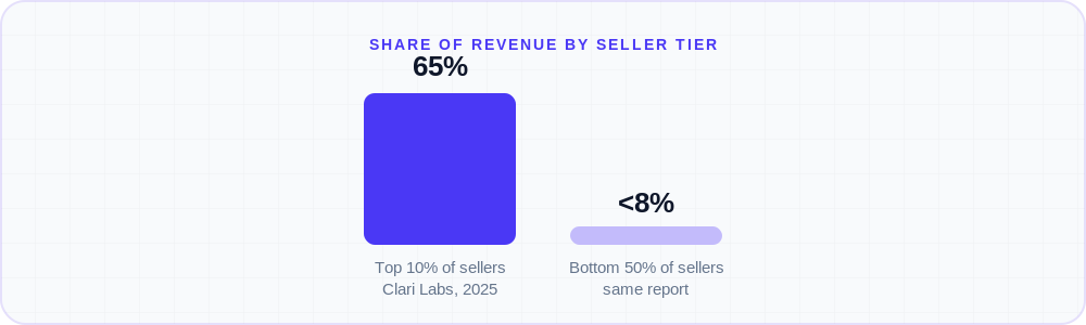 Bar chart: the top 10% of sellers generate 65% of all revenue, while the bottom 50% contribute less…