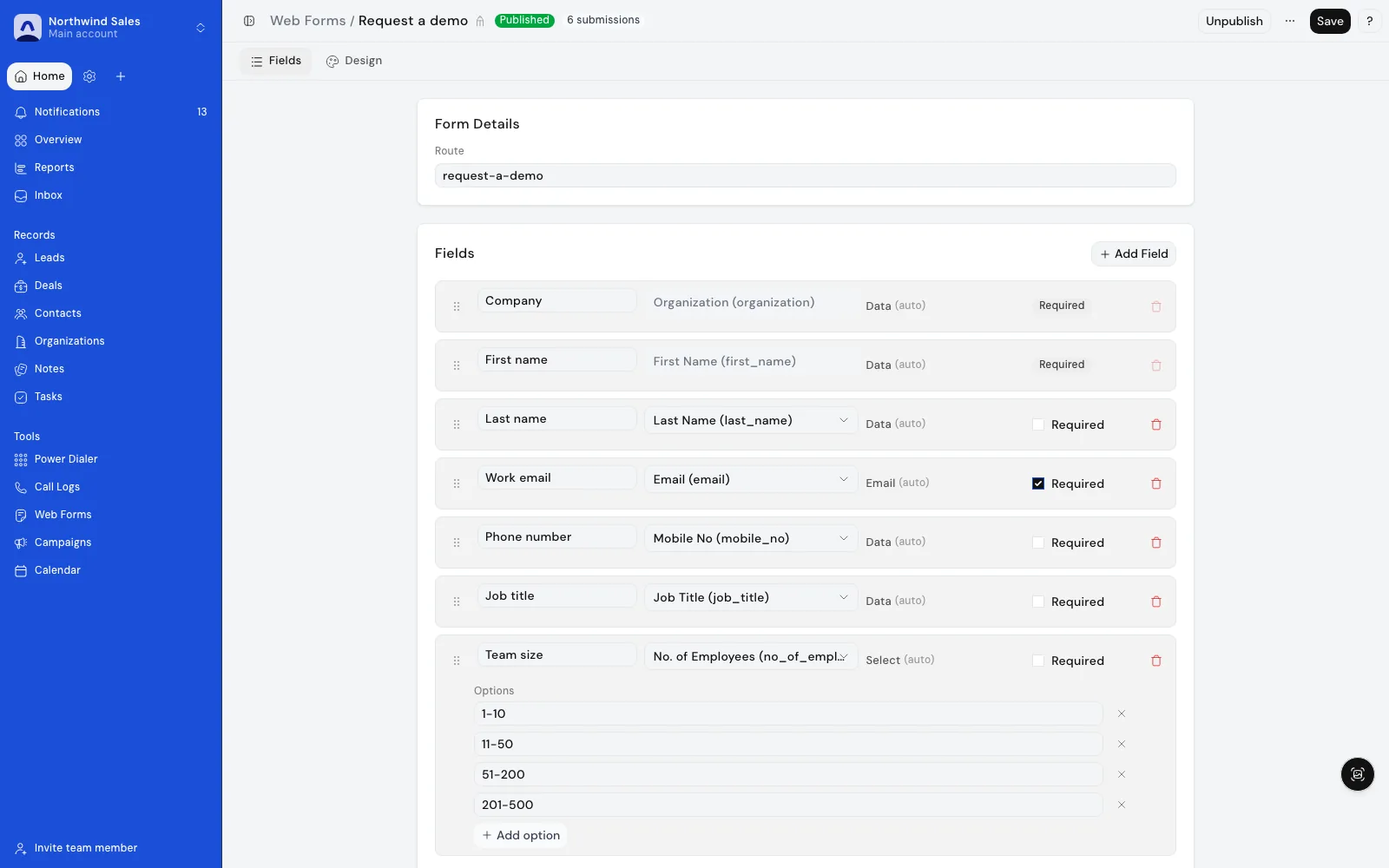 Pixelwand CRM web form builder for a Request a demo form, published, with required and optional lea…